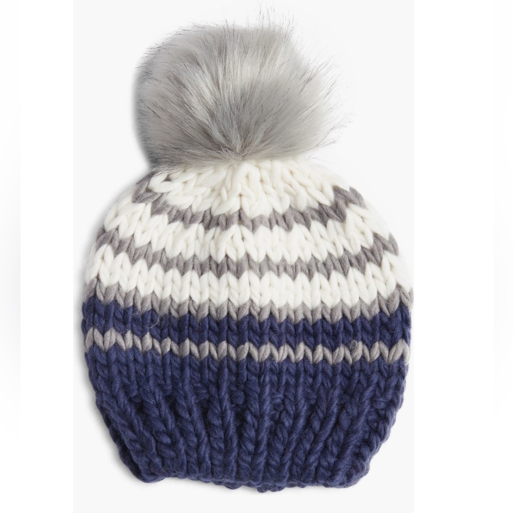 NWT Nordstrom BP Chunky Knit Striped PomPom Beanie Hat